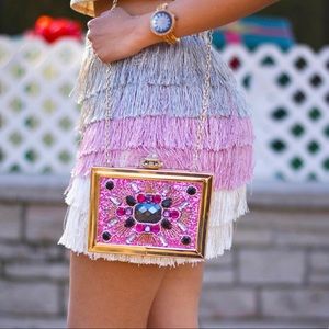 Pink multi tiered fringe mini skirt